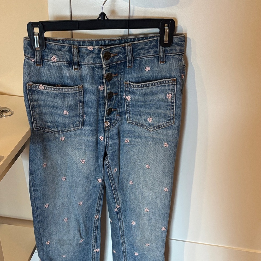 Maje Light Blue Straight Leg Jeans with Pink Floral Accents